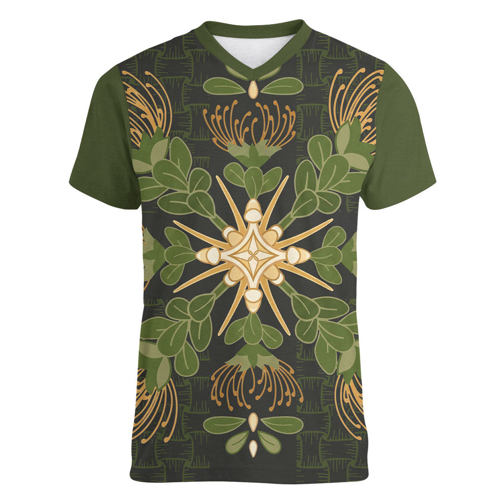 Hawaii Ohia Lehua Squares Women V-Neck T-Shirt Hawaiian Quilt Inspired Floral Pattern LT9 Female Green - Polynesian Pride