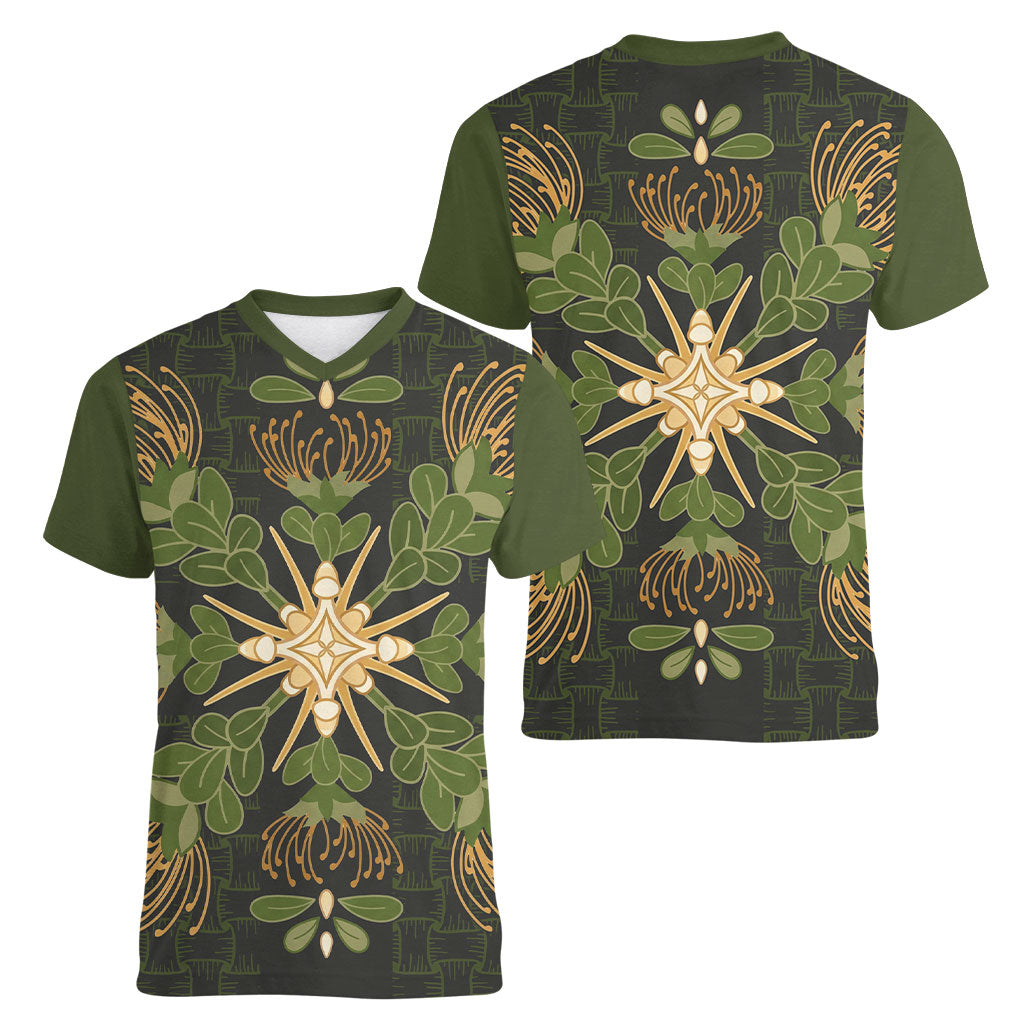 Hawaii Ohia Lehua Squares Women V-Neck T-Shirt Hawaiian Quilt Inspired Floral Pattern