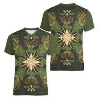 Hawaii Ohia Lehua Squares Women V-Neck T-Shirt Hawaiian Quilt Inspired Floral Pattern