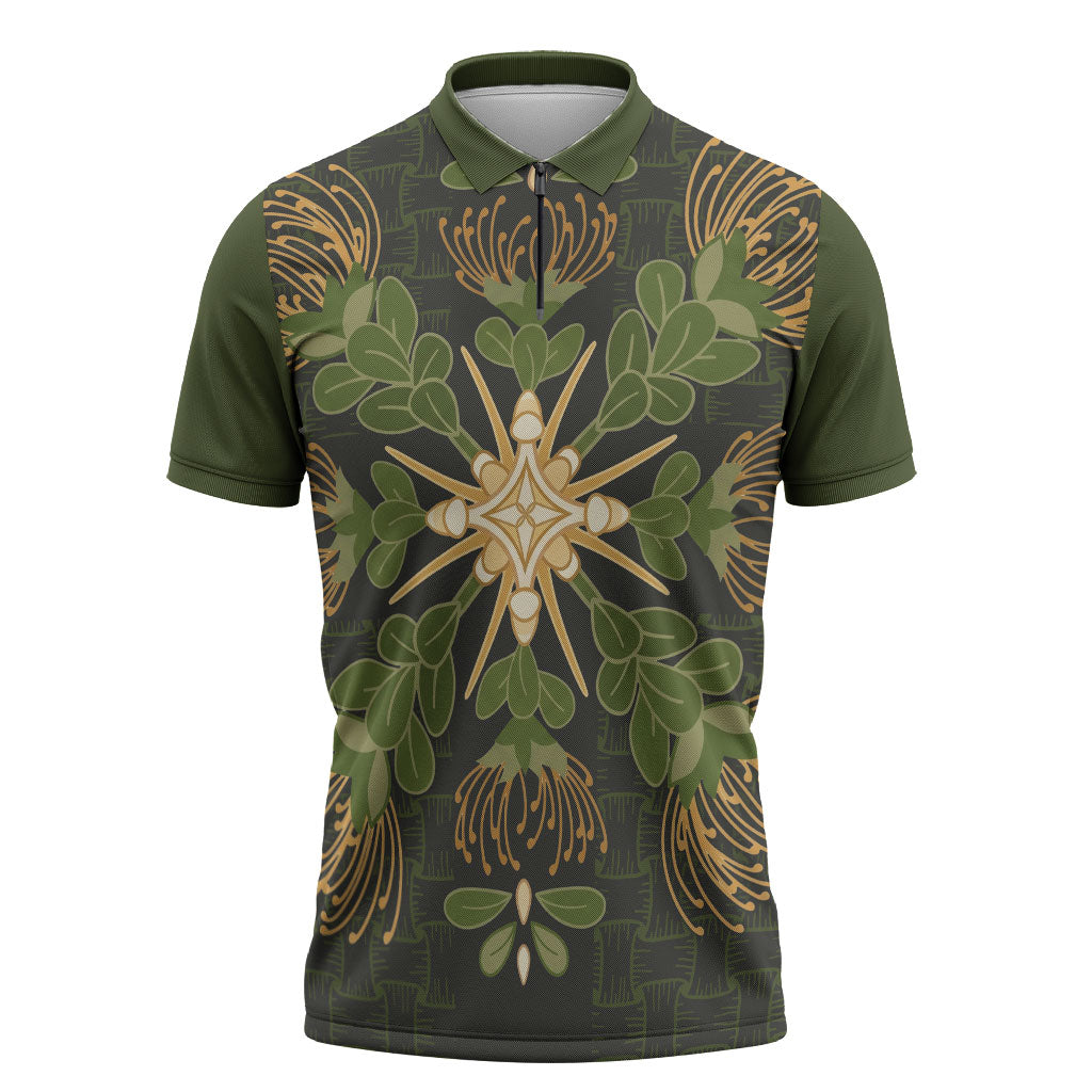 Hawaii Ohia Lehua Squares Zipper Polo Shirt Hawaiian Quilt Inspired Floral Pattern LT9 Green - Polynesian Pride
