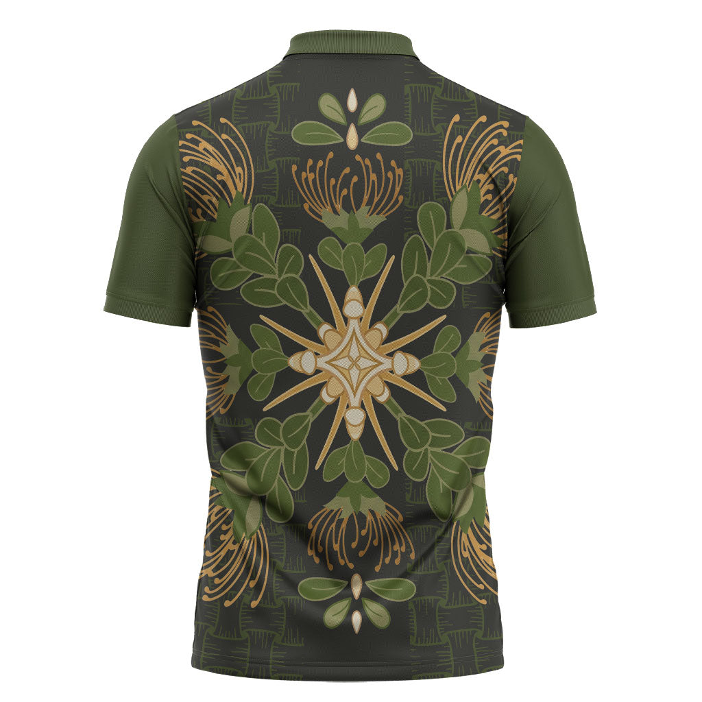 Hawaii Ohia Lehua Squares Zipper Polo Shirt Hawaiian Quilt Inspired Floral Pattern