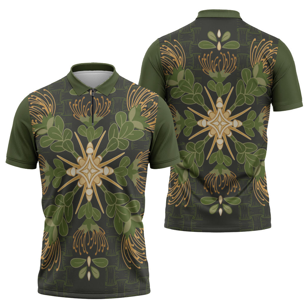Hawaii Ohia Lehua Squares Zipper Polo Shirt Hawaiian Quilt Inspired Floral Pattern