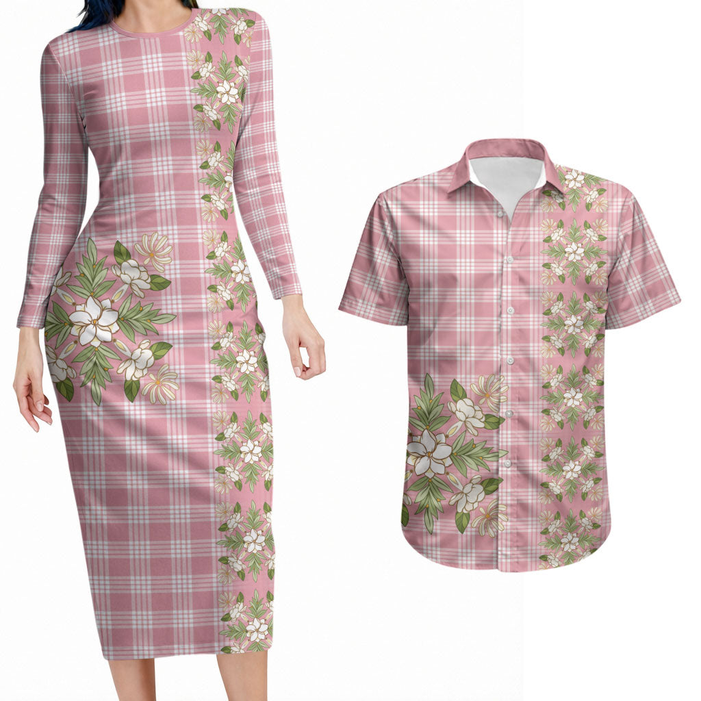 Akala Hamele Hawai'i Palaka Squares Maile Leaf Couples Matching Long Sleeve Bodycon Dress and Hawaiian Shirt Flowers Hawaiian Quilt Patterns LT9 Dusty Rose - Polynesian Pride