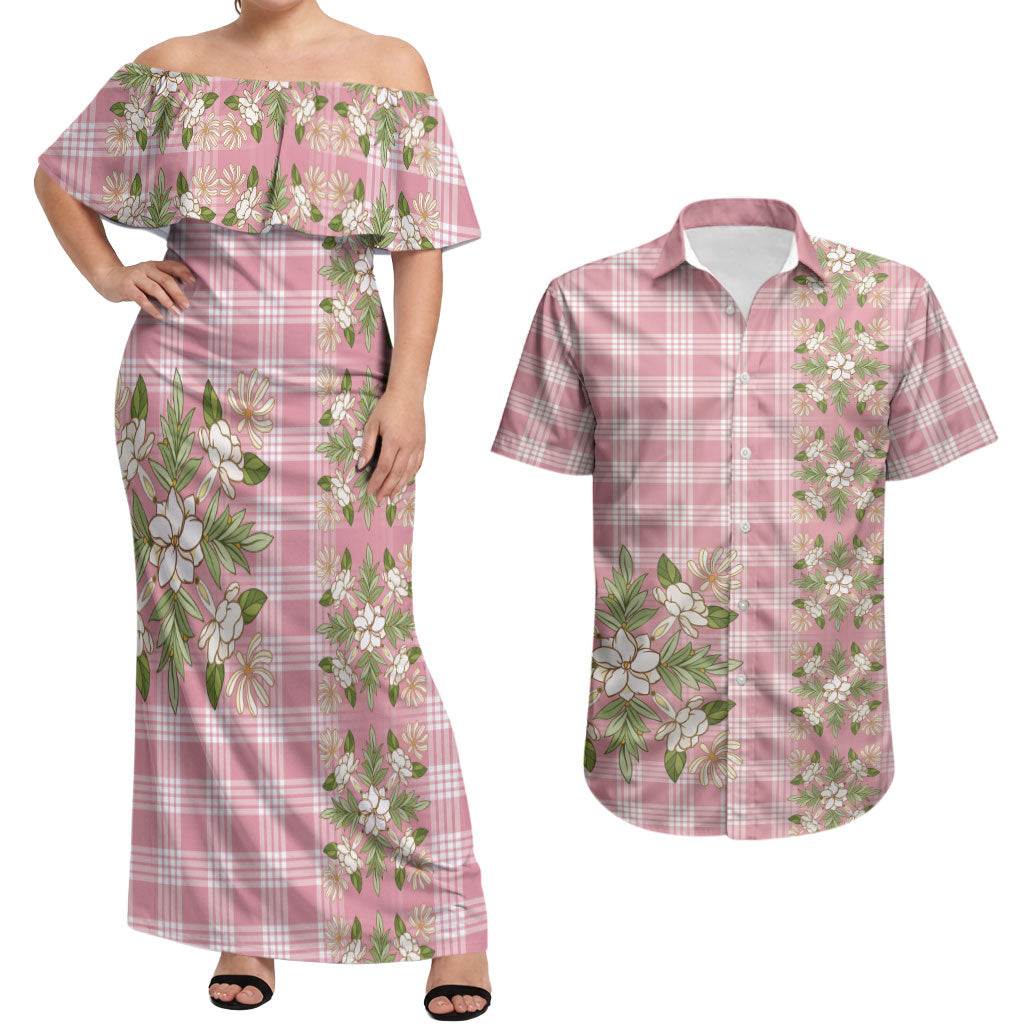 Akala Hamele Hawai'i Palaka Squares Maile Leaf Couples Matching Off Shoulder Maxi Dress and Hawaiian Shirt Flowers Hawaiian Quilt Patterns