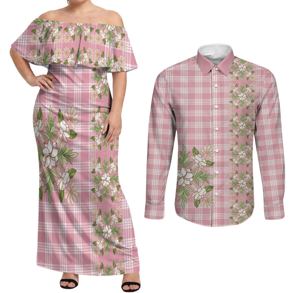 Akala Hamele Hawai'i Palaka Squares Maile Leaf Couples Matching Off Shoulder Maxi Dress and Long Sleeve Button Shirt Flowers Hawaiian Quilt Patterns