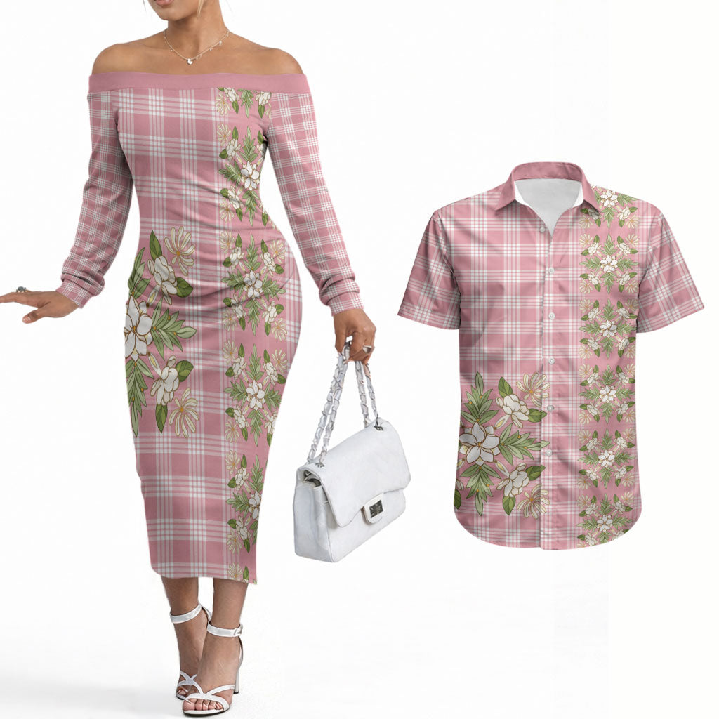 Akala Hamele Hawai'i Palaka Squares Maile Leaf Couples Matching Off The Shoulder Long Sleeve Dress and Hawaiian Shirt Flowers Hawaiian Quilt Patterns