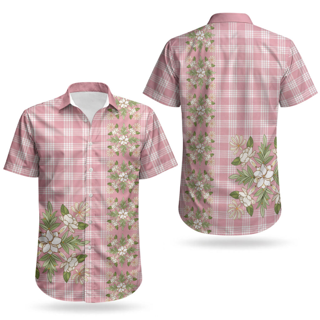 Akala Hamele Hawai'i Palaka Squares Maile Leaf Couples Matching Off The Shoulder Long Sleeve Dress and Hawaiian Shirt Flowers Hawaiian Quilt Patterns