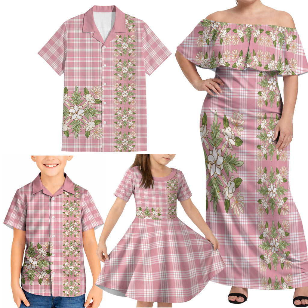 Akala Hamele Hawai'i Palaka Squares Maile Leaf Family Matching Off Shoulder Maxi Dress and Hawaiian Shirt Flowers Hawaiian Quilt Patterns LT9 - Polynesian Pride