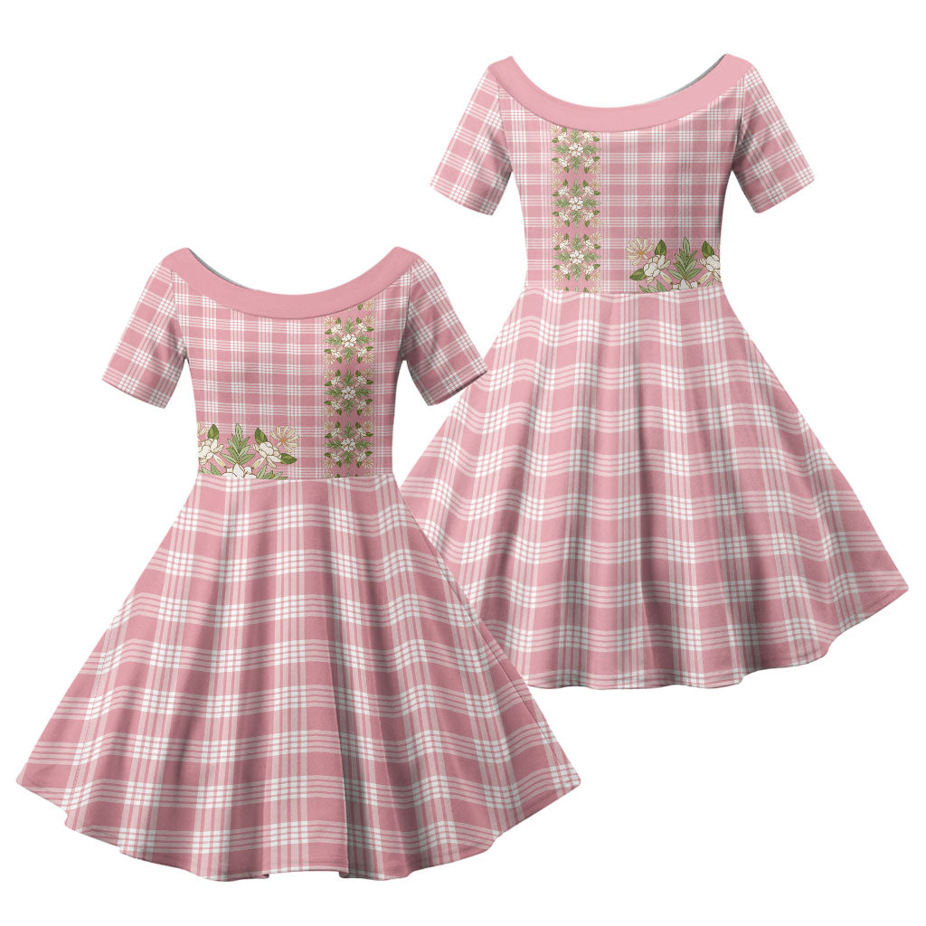 Akala Hamele Hawai'i Palaka Squares Maile Leaf Family Matching Off Shoulder Short Dress and Hawaiian Shirt Flowers Hawaiian Quilt Patterns