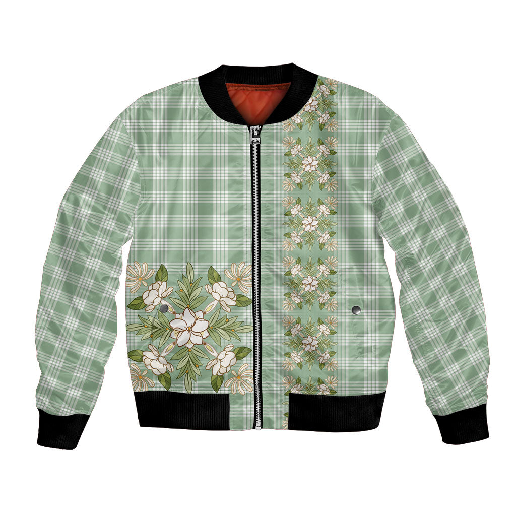 Liko Kukui Hawai'i Palaka Squares Maile Leaf Bomber Jacket Flowers Hawaiian Quilt Patterns LT9 Unisex Sage Green - Polynesian Pride