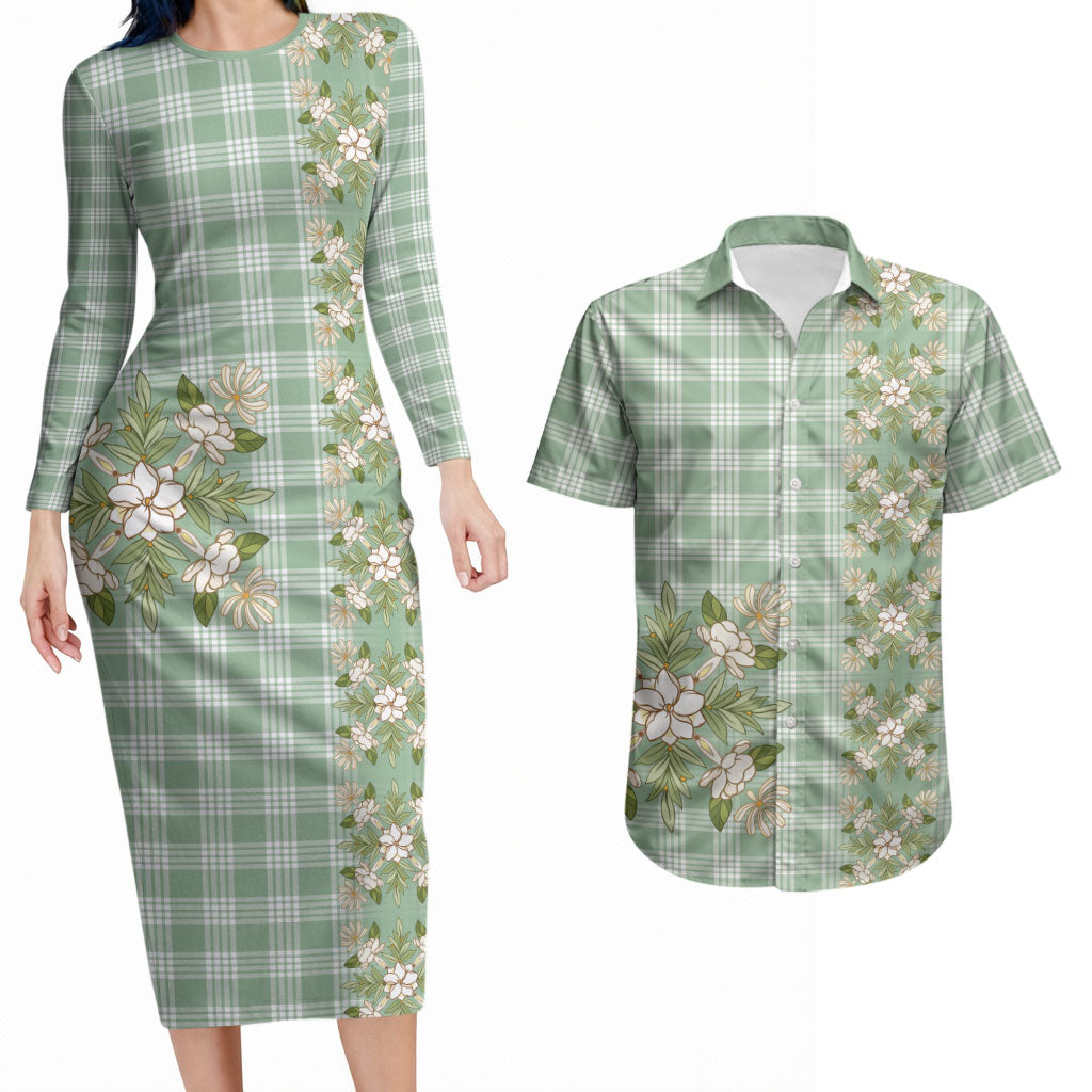 Liko Kukui Hawai'i Palaka Squares Maile Leaf Couples Matching Long Sleeve Bodycon Dress and Hawaiian Shirt Flowers Hawaiian Quilt Patterns