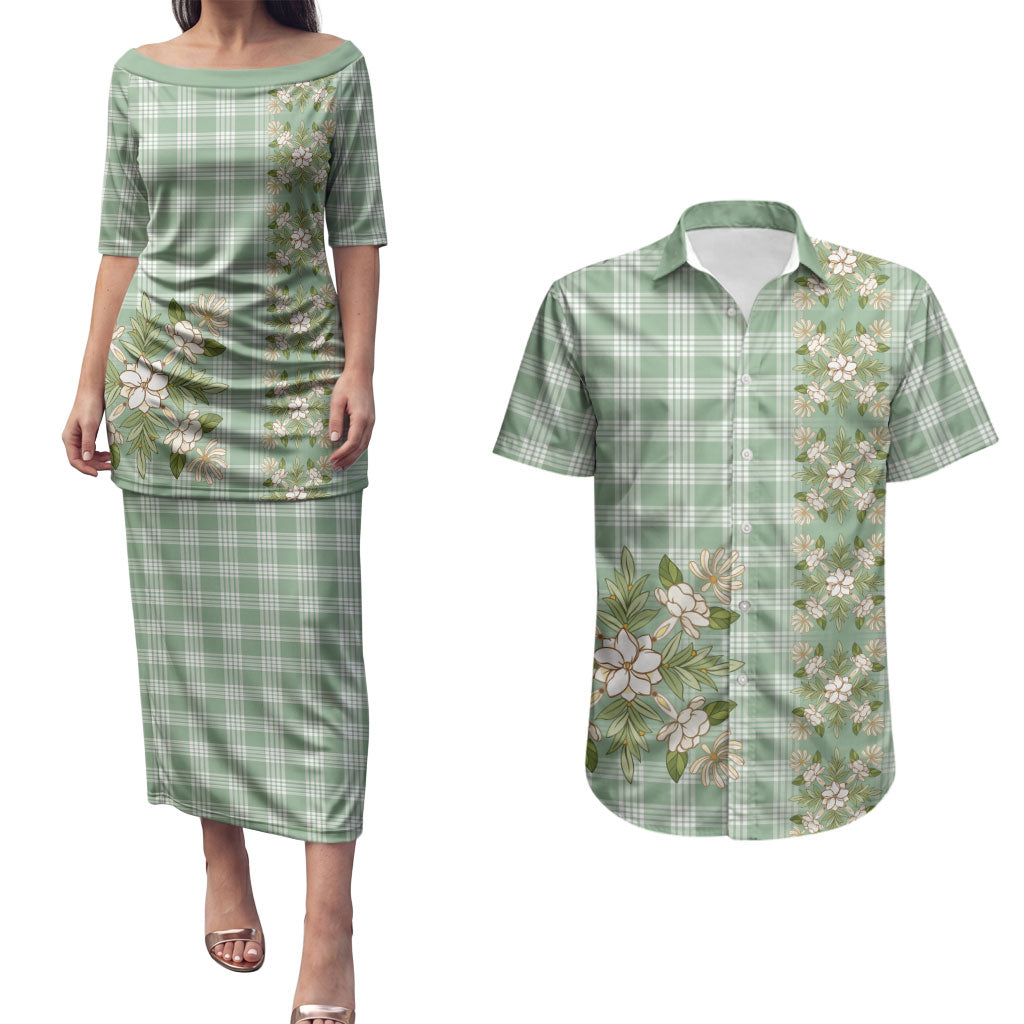 Liko Kukui Hawai'i Palaka Squares Maile Leaf Couples Matching Puletasi and Hawaiian Shirt Flowers Hawaiian Quilt Patterns LT9 Sage Green - Polynesian Pride