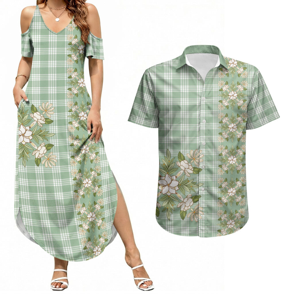 Liko Kukui Hawai'i Palaka Squares Maile Leaf Couples Matching Summer Maxi Dress and Hawaiian Shirt Flowers Hawaiian Quilt Patterns LT9 Sage Green - Polynesian Pride