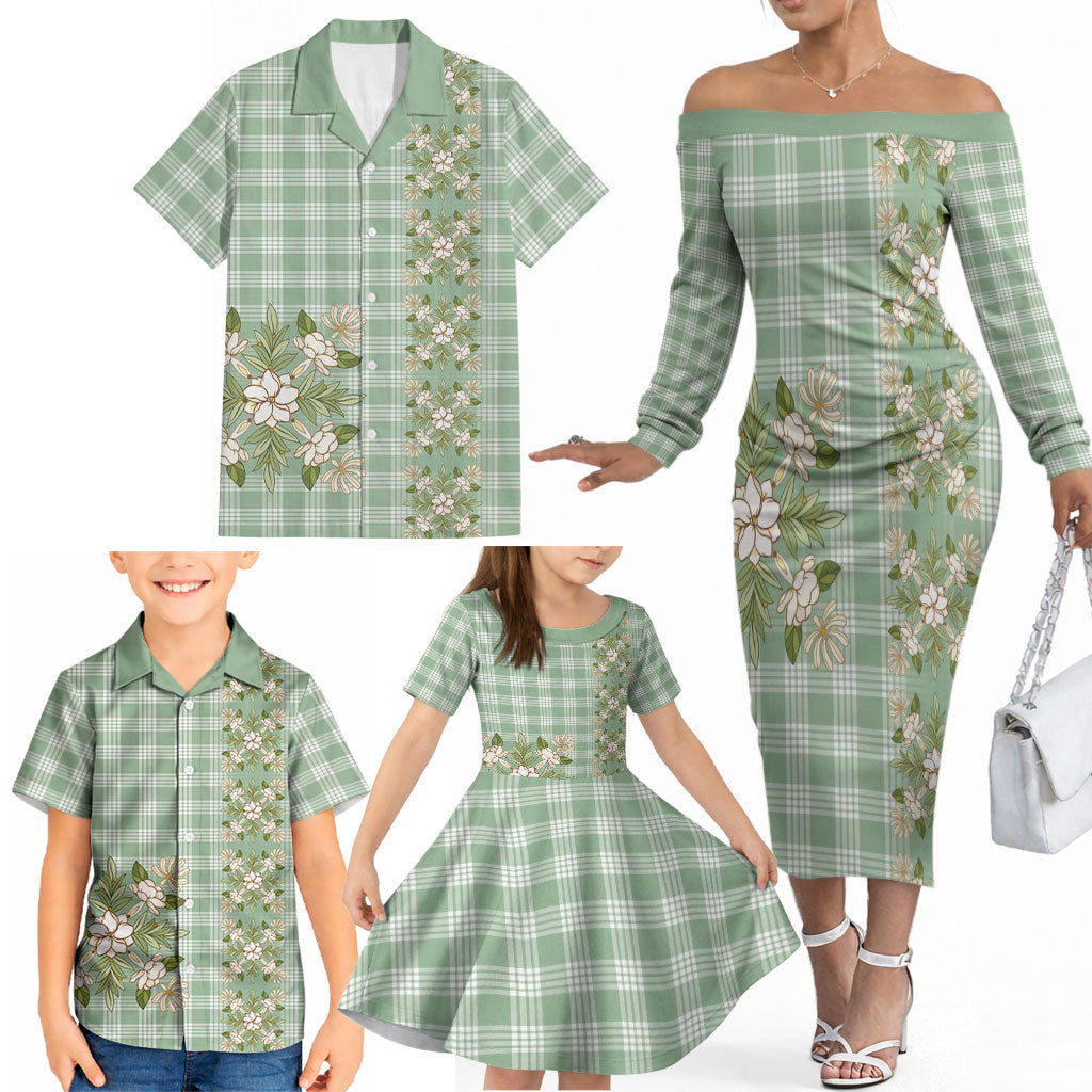 Liko Kukui Hawai'i Palaka Squares Maile Leaf Family Matching Off The Shoulder Long Sleeve Dress and Hawaiian Shirt Flowers Hawaiian Quilt Patterns LT9 - Polynesian Pride
