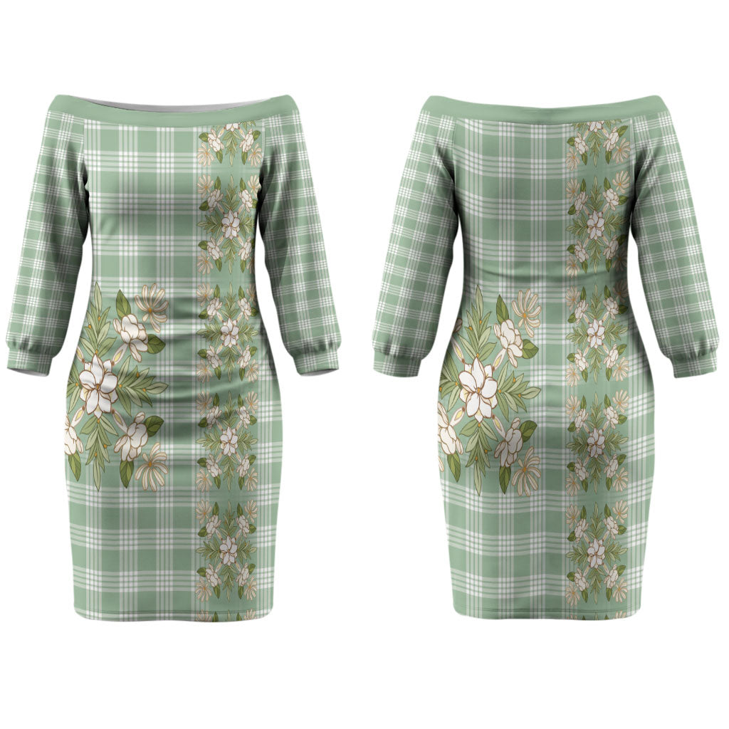 Liko Kukui Hawai'i Palaka Squares Maile Leaf Family Matching Off The Shoulder Long Sleeve Dress and Hawaiian Shirt Flowers Hawaiian Quilt Patterns LT9 Mom's Dress Sage Green - Polynesian Pride