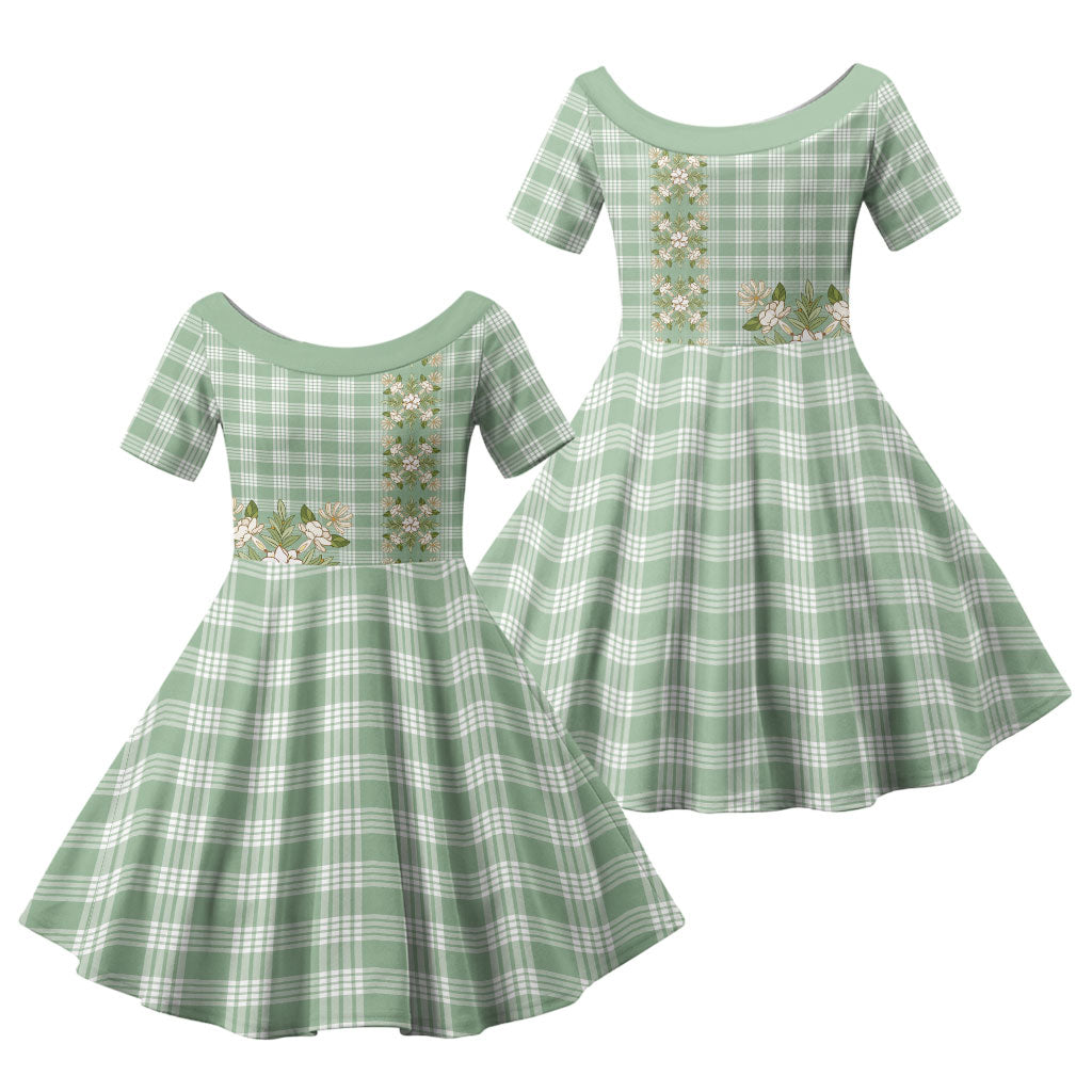 Liko Kukui Hawai'i Palaka Squares Maile Leaf Family Matching Off The Shoulder Long Sleeve Dress and Hawaiian Shirt Flowers Hawaiian Quilt Patterns LT9 Daughter's Dress Sage Green - Polynesian Pride