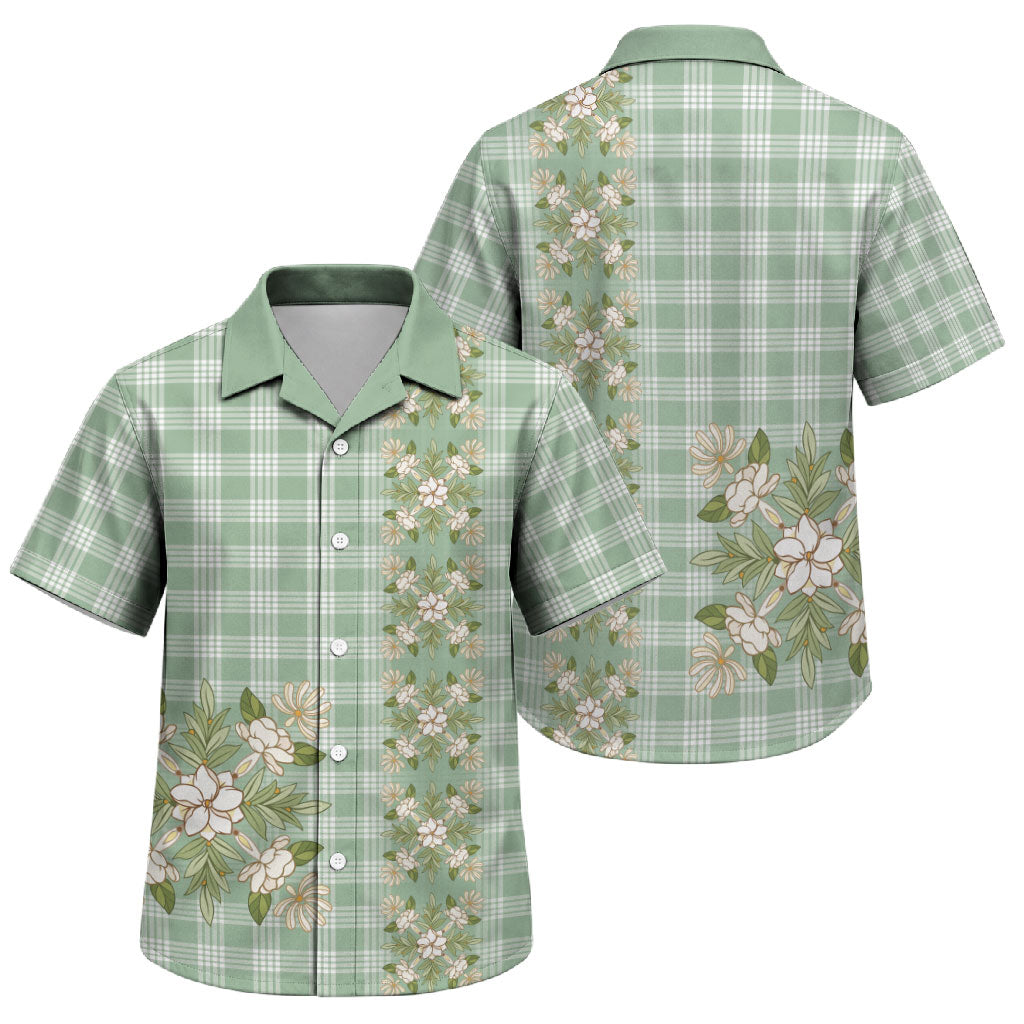 Liko Kukui Hawai'i Palaka Squares Maile Leaf Family Matching Off The Shoulder Long Sleeve Dress and Hawaiian Shirt Flowers Hawaiian Quilt Patterns LT9 Son's Shirt Sage Green - Polynesian Pride