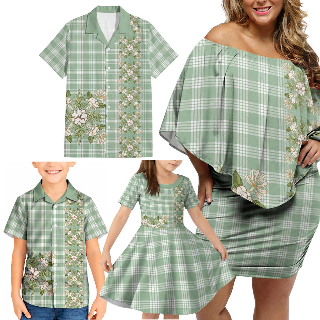 Liko Kukui Hawai'i Palaka Squares Maile Leaf Family Matching Off Shoulder Short Dress and Hawaiian Shirt Flowers Hawaiian Quilt Patterns LT9 - Polynesian Pride