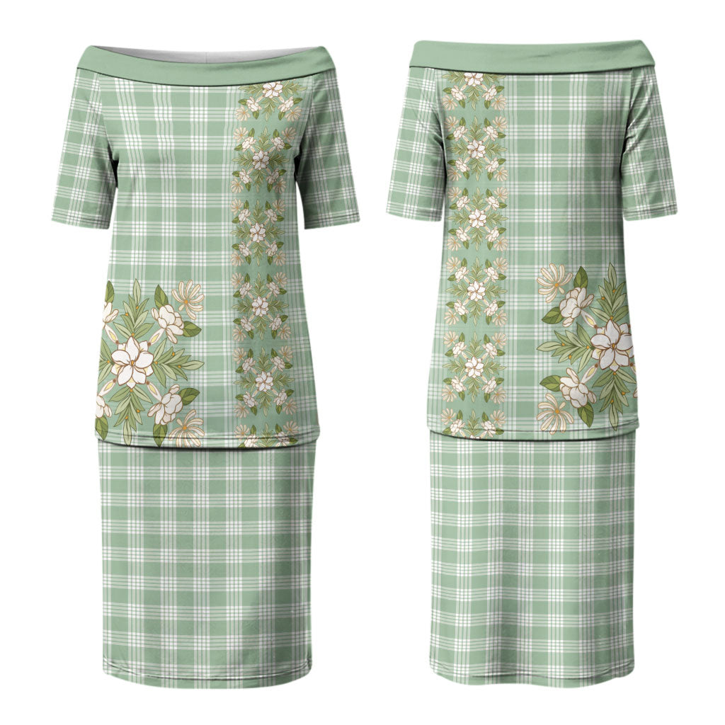 Liko Kukui Hawai'i Palaka Squares Maile Leaf Family Matching Puletasi and Hawaiian Shirt Flowers Hawaiian Quilt Patterns LT9 Mom's Dress Sage Green - Polynesian Pride