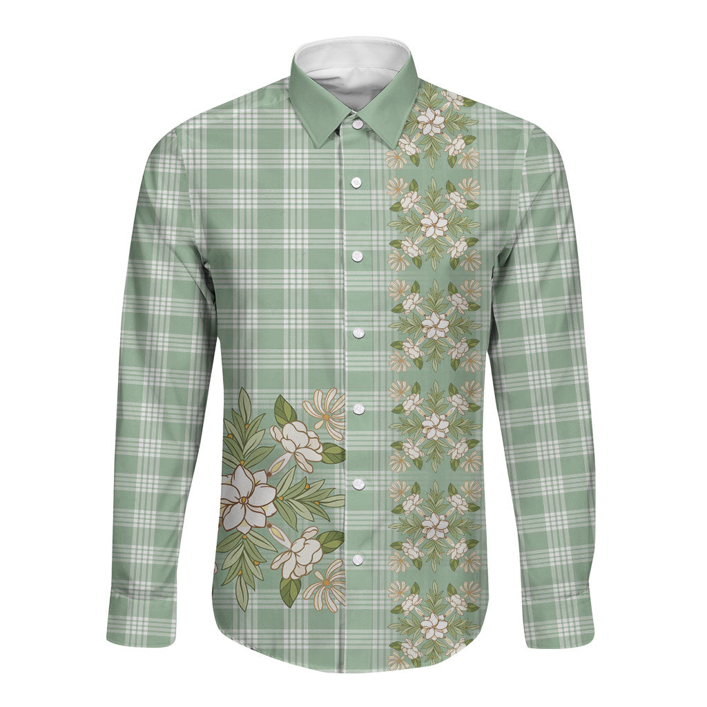 Liko Kukui Hawai'i Palaka Squares Maile Leaf Long Sleeve Button Shirt Flowers Hawaiian Quilt Patterns LT9 Unisex Sage Green - Polynesian Pride