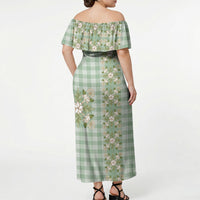 Liko Kukui Hawai'i Palaka Squares Maile Leaf Off Shoulder Maxi Dress Flowers Hawaiian Quilt Patterns