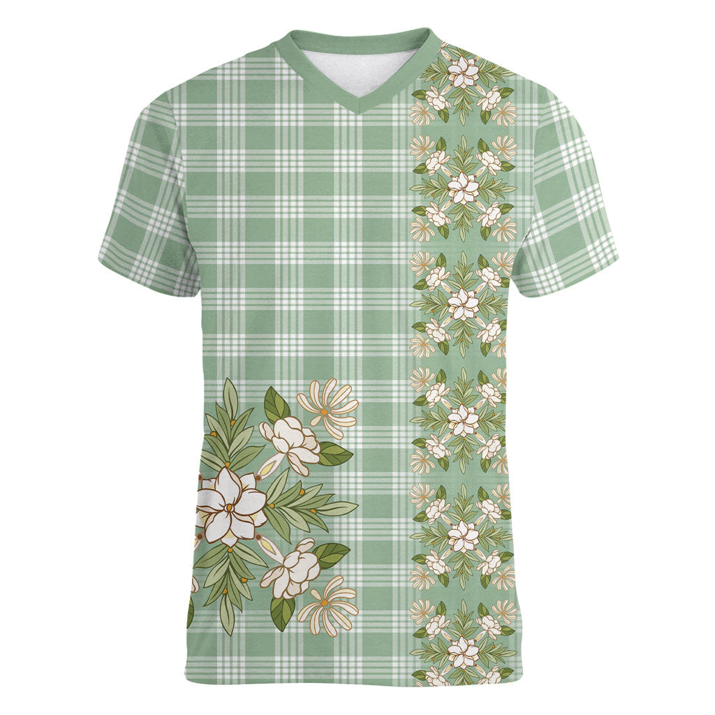Liko Kukui Hawai'i Palaka Squares Maile Leaf Women V-Neck T-Shirt Flowers Hawaiian Quilt Patterns