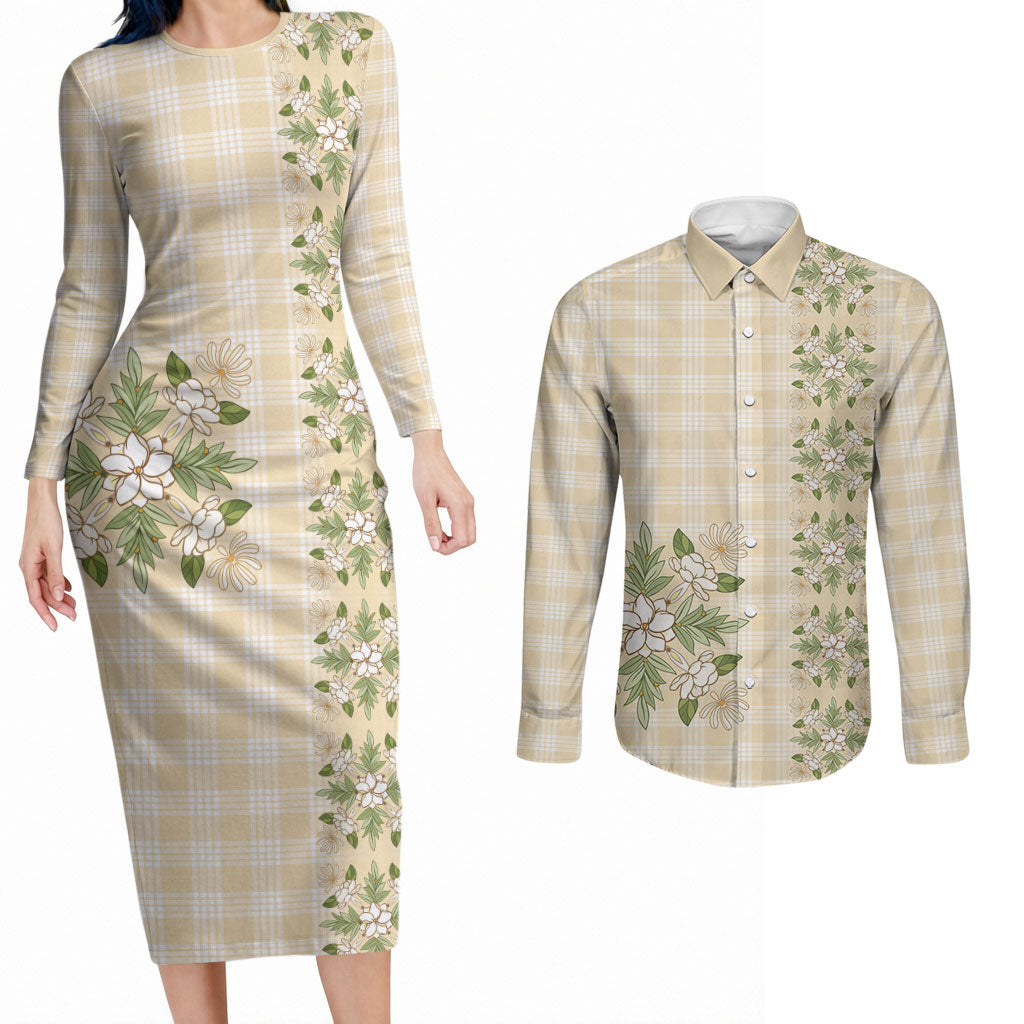 Melemele Ahiahia Hawai'i Palaka Squares Maile Leaf Couples Matching Long Sleeve Bodycon Dress and Long Sleeve Button Shirt Flowers Hawaiian Quilt Patterns