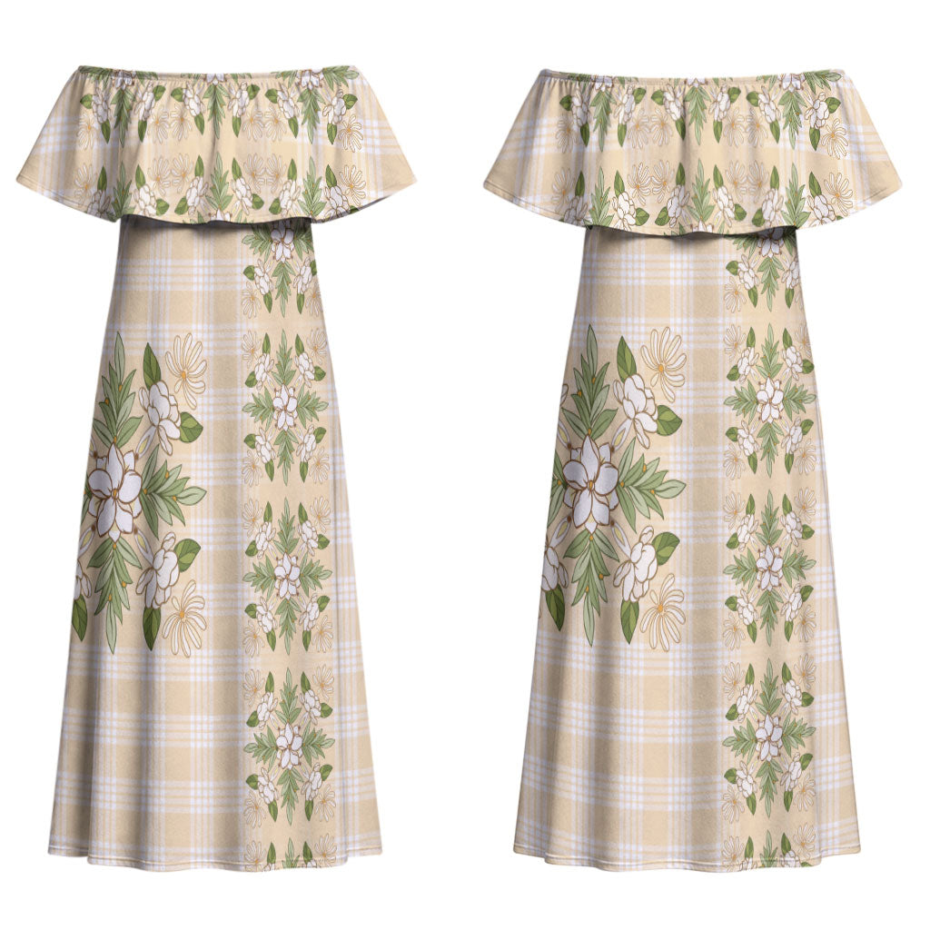Melemele Ahiahia Hawai'i Palaka Squares Maile Leaf Couples Matching Off Shoulder Maxi Dress and Long Sleeve Button Shirt Flowers Hawaiian Quilt Patterns