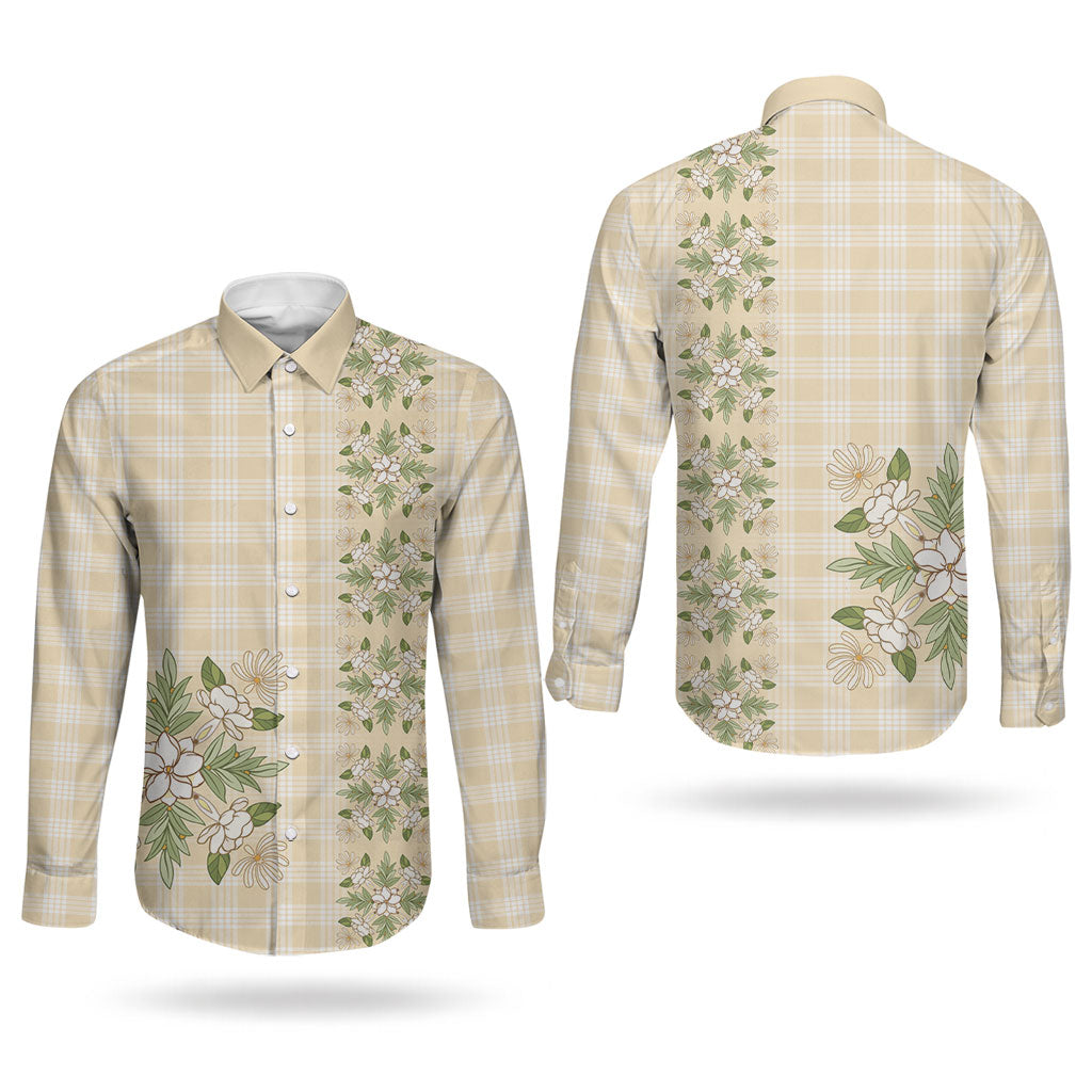 Melemele Ahiahia Hawai'i Palaka Squares Maile Leaf Couples Matching Off The Shoulder Long Sleeve Dress and Long Sleeve Button Shirt Flowers Hawaiian Quilt Patterns