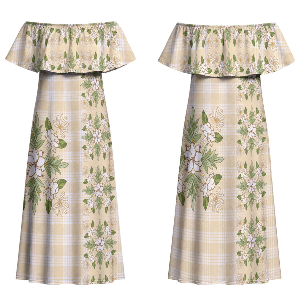 Melemele Ahiahia Hawai'i Palaka Squares Maile Leaf Family Matching Off Shoulder Maxi Dress and Hawaiian Shirt Flowers Hawaiian Quilt Patterns LT9 Mom's Dress Pastel Yellow - Polynesian Pride