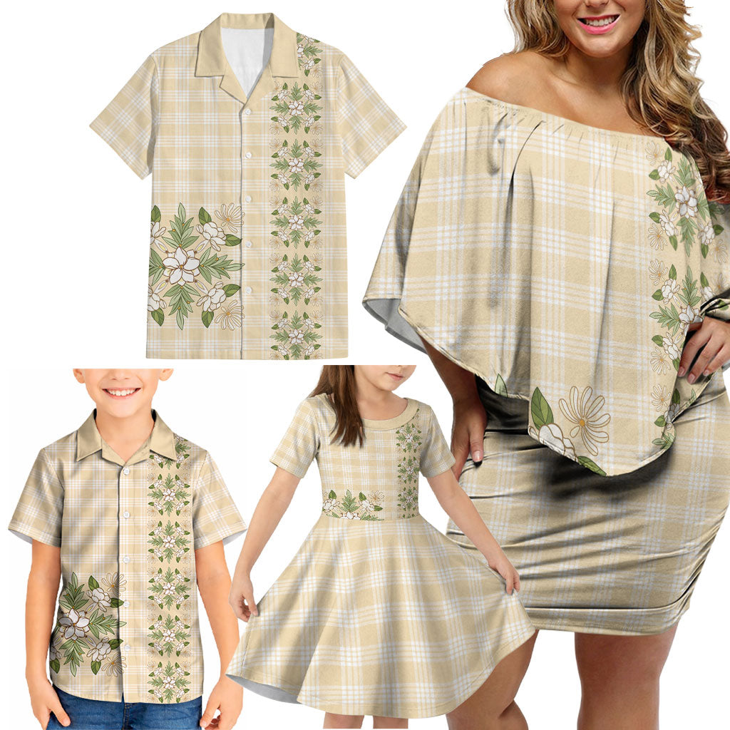 Melemele Ahiahia Hawai'i Palaka Squares Maile Leaf Family Matching Off Shoulder Short Dress and Hawaiian Shirt Flowers Hawaiian Quilt Patterns
