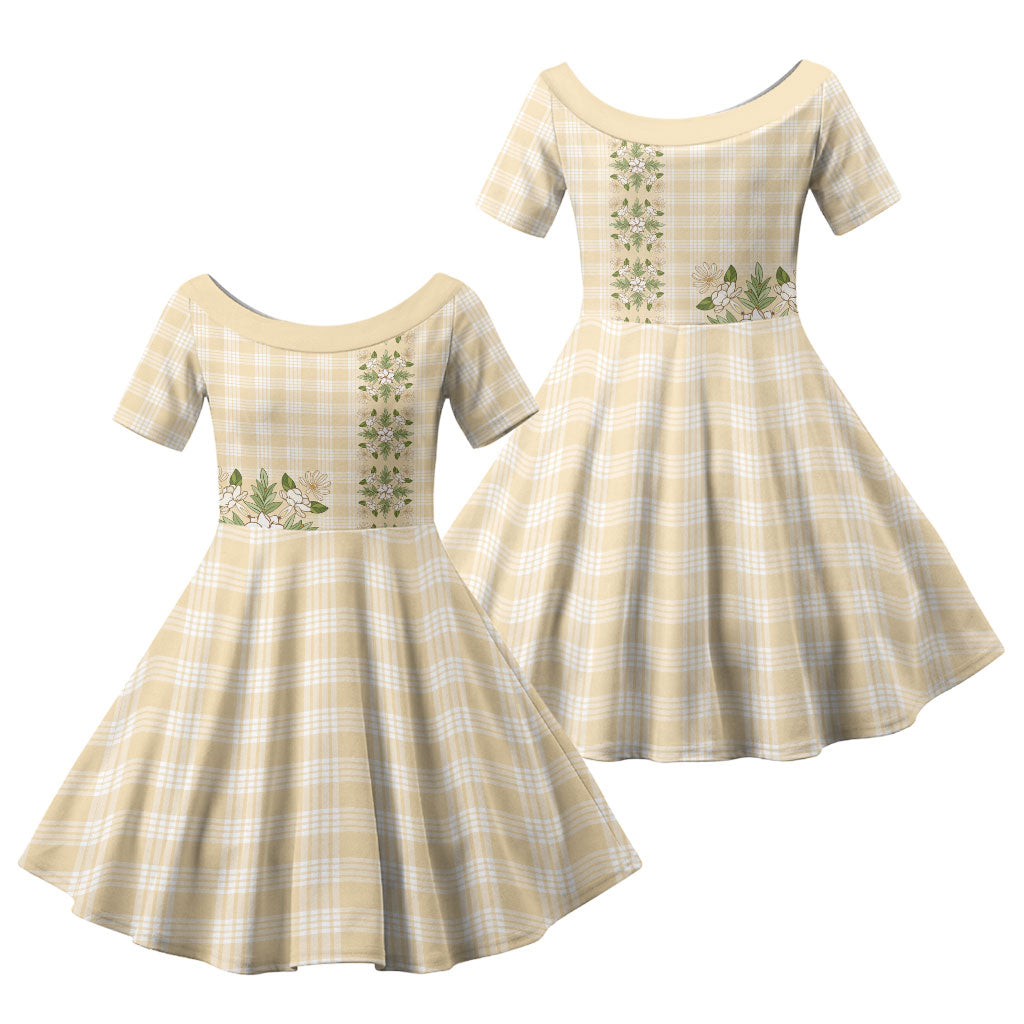 Melemele Ahiahia Hawai'i Palaka Squares Maile Leaf Family Matching Off Shoulder Short Dress and Hawaiian Shirt Flowers Hawaiian Quilt Patterns