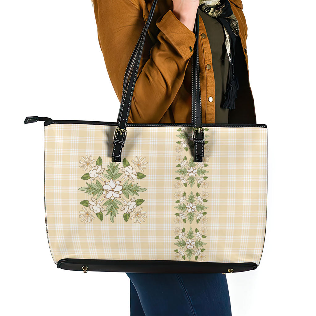 Melemele Ahiahia Hawai'i Palaka Squares Maile Leaf Leather Tote Bag Flowers Hawaiian Quilt Patterns