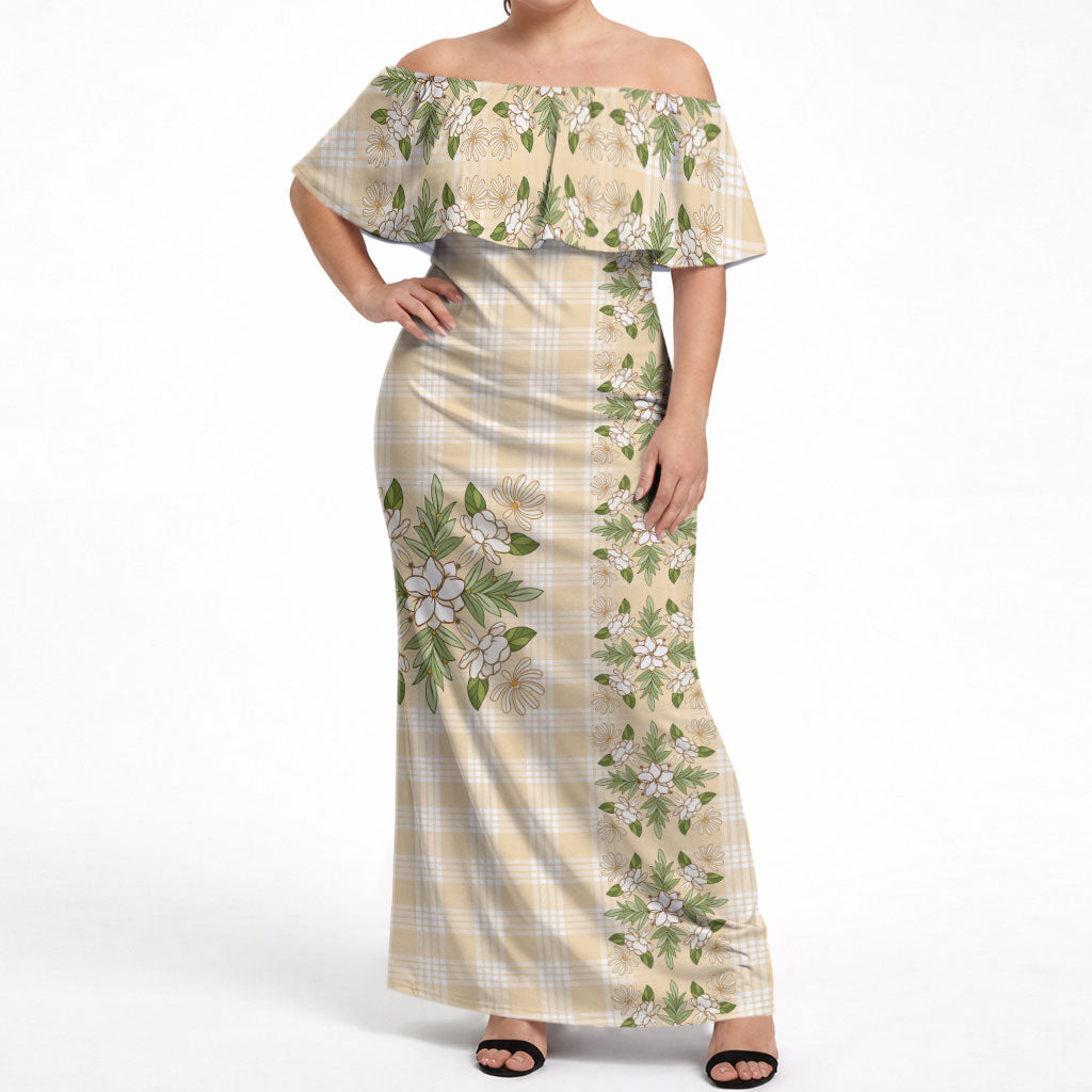 Melemele Ahiahia Hawai'i Palaka Squares Maile Leaf Off Shoulder Maxi Dress Flowers Hawaiian Quilt Patterns