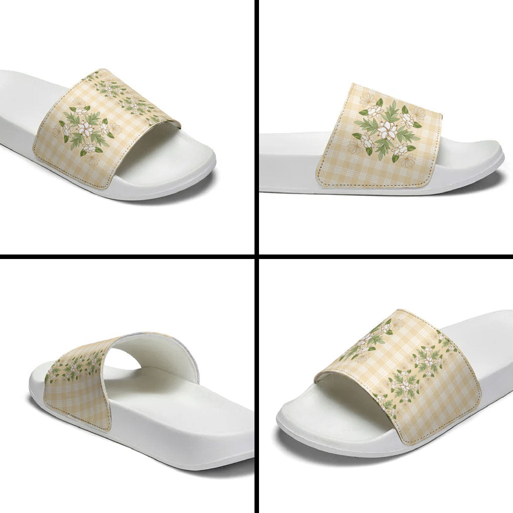 Melemele Ahiahia Hawai'i Palaka Squares Maile Leaf Slide Sandals Flowers Hawaiian Quilt Patterns