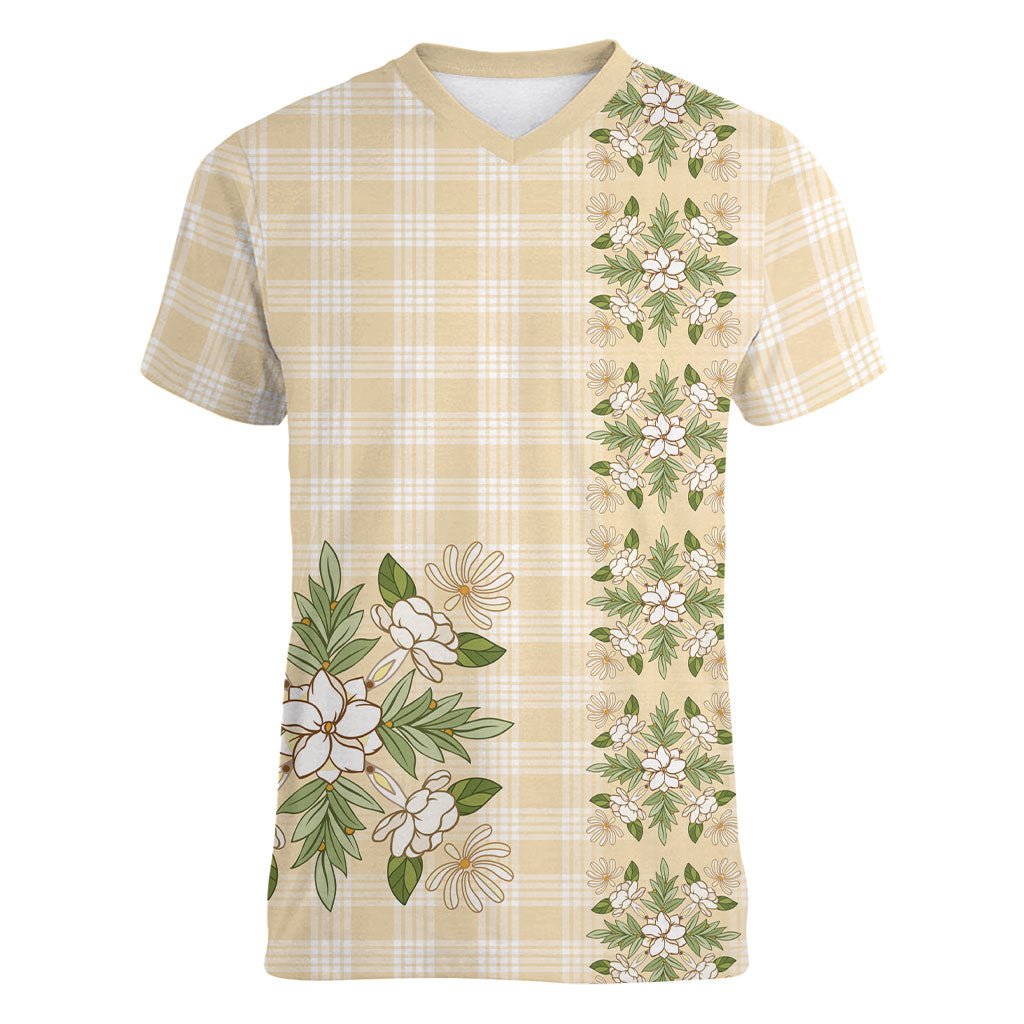 Melemele Ahiahia Hawai'i Palaka Squares Maile Leaf Women V-Neck T-Shirt Flowers Hawaiian Quilt Patterns