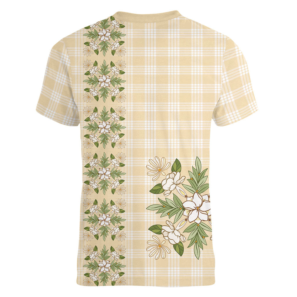 Melemele Ahiahia Hawai'i Palaka Squares Maile Leaf Women V-Neck T-Shirt Flowers Hawaiian Quilt Patterns
