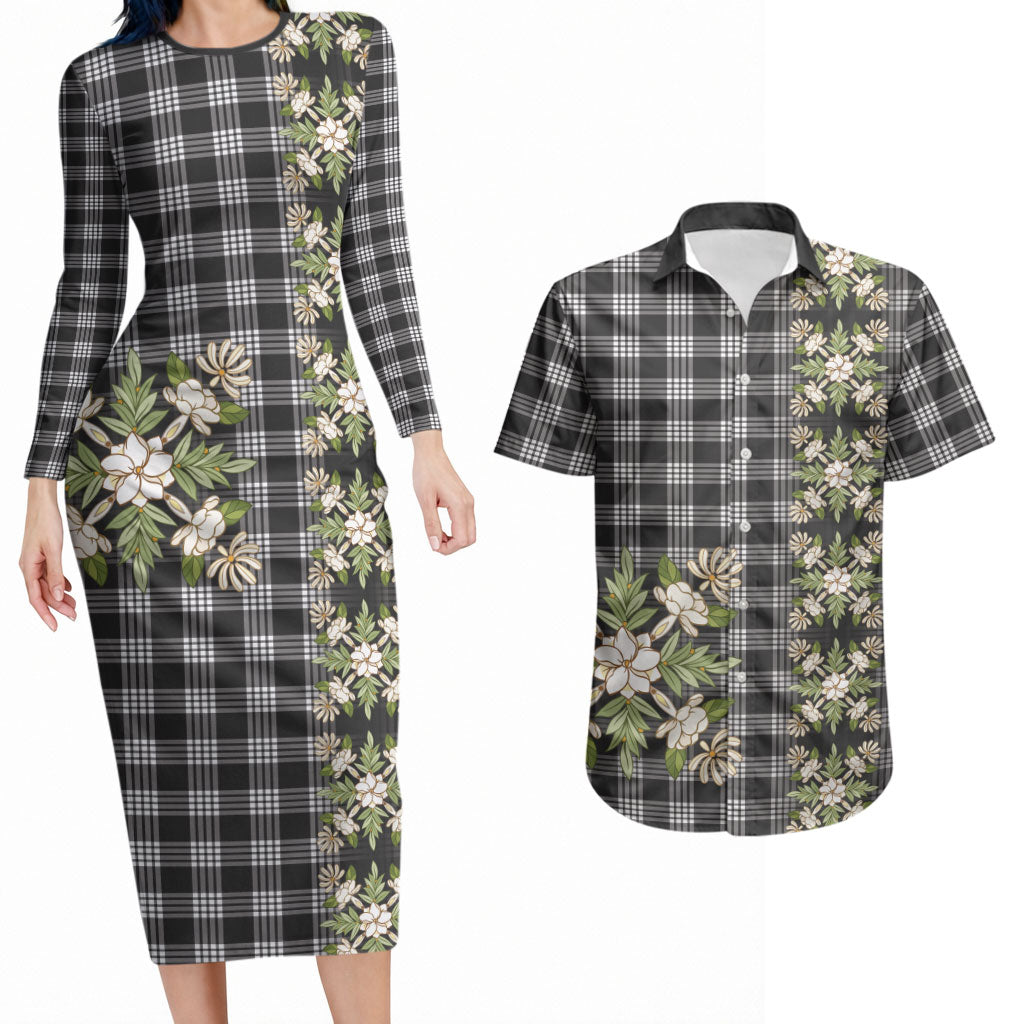 Pauli Hawai'i Palaka Squares Maile Leaf Couples Matching Long Sleeve Bodycon Dress and Hawaiian Shirt Flowers Hawaiian Quilt Patterns