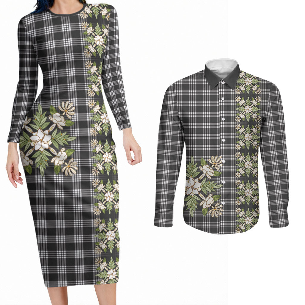 Pauli Hawai'i Palaka Squares Maile Leaf Couples Matching Long Sleeve Bodycon Dress and Long Sleeve Button Shirt Flowers Hawaiian Quilt Patterns