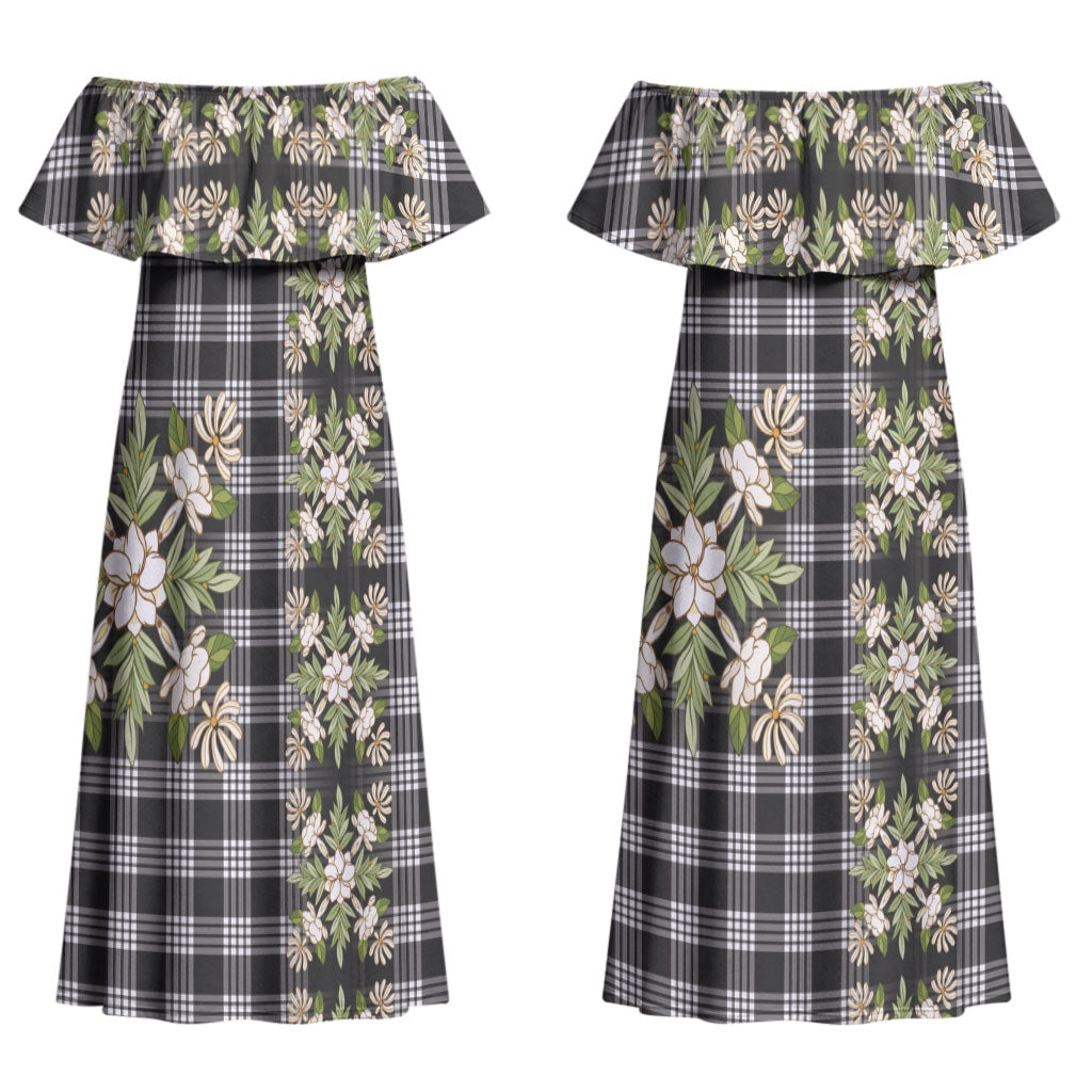 Pauli Hawai'i Palaka Squares Maile Leaf Couples Matching Off Shoulder Maxi Dress and Long Sleeve Button Shirt Flowers Hawaiian Quilt Patterns