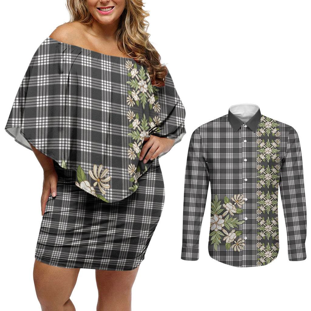 Pauli Hawai'i Palaka Squares Maile Leaf Couples Matching Off Shoulder Short Dress and Long Sleeve Button Shirt Flowers Hawaiian Quilt Patterns