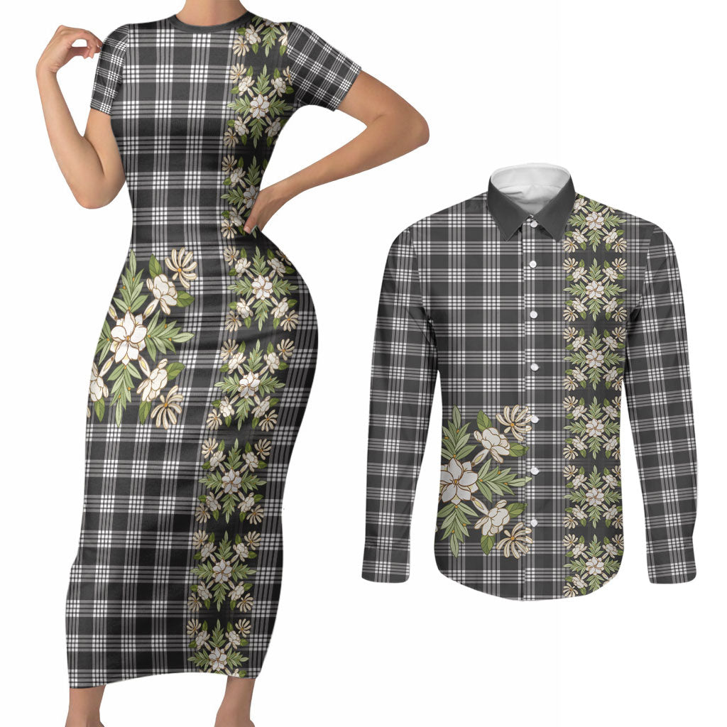 Pauli Hawai'i Palaka Squares Maile Leaf Couples Matching Short Sleeve Bodycon Dress and Long Sleeve Button Shirt Flowers Hawaiian Quilt Patterns
