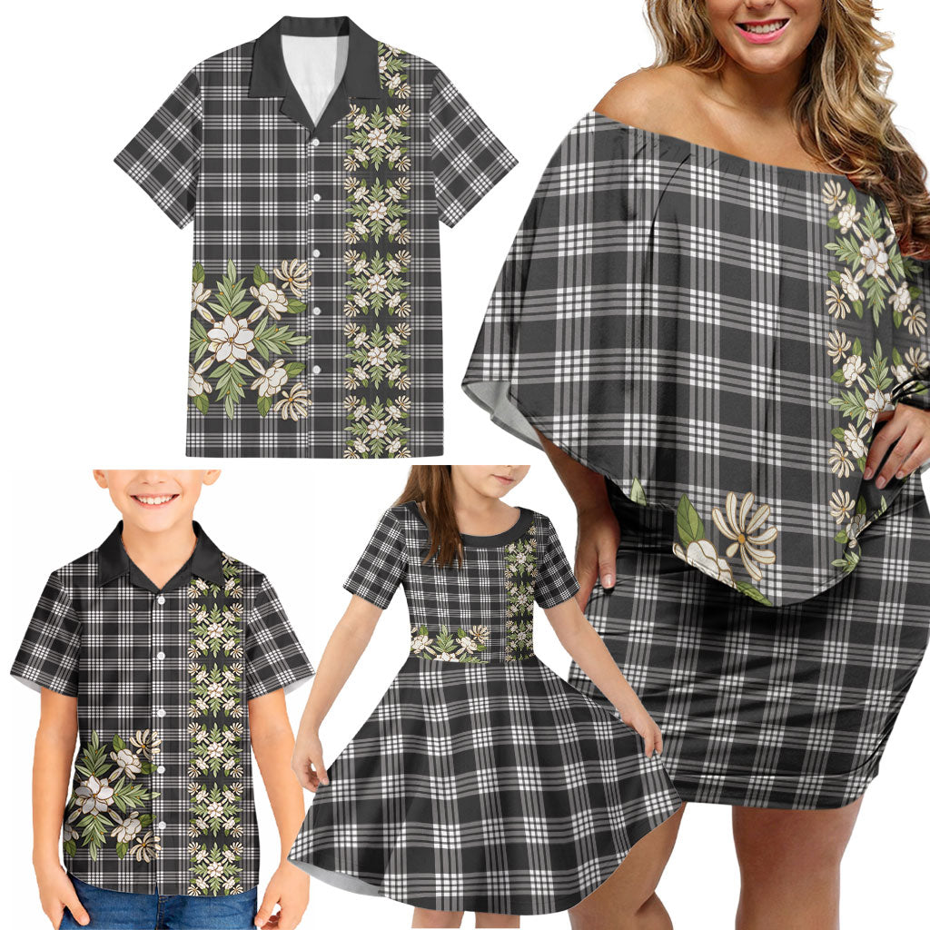 Pauli Hawai'i Palaka Squares Maile Leaf Family Matching Off Shoulder Short Dress and Hawaiian Shirt Flowers Hawaiian Quilt Patterns