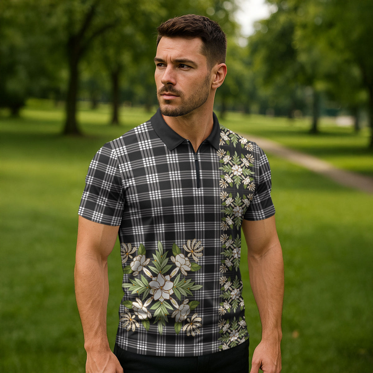Pauli Hawai'i Palaka Squares Maile Leaf Zipper Polo Shirt Flowers Hawaiian Quilt Patterns