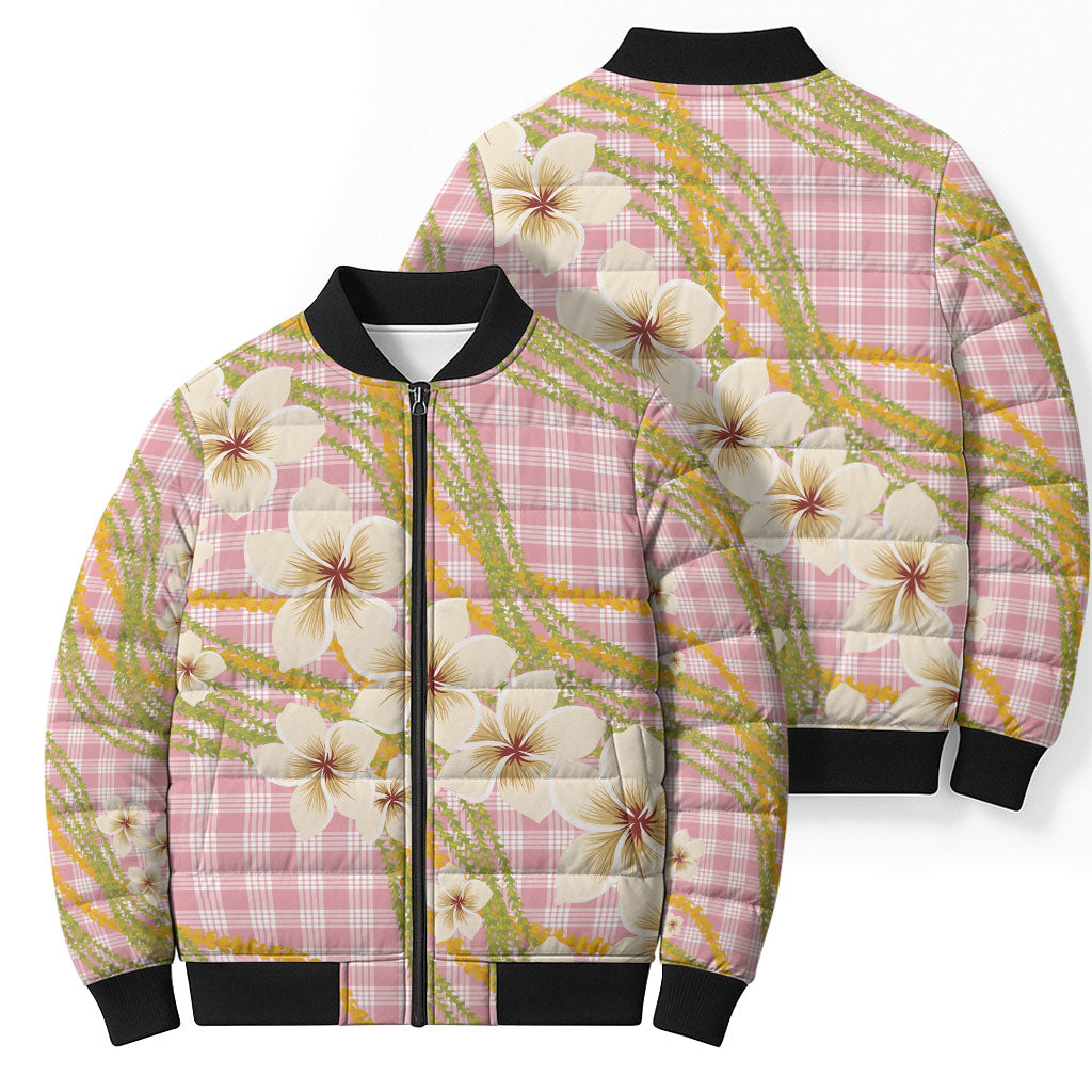 Akala Hamele Palaka Plumeria Bomber Puffer Jacket Puakenikeni and Maile Lei