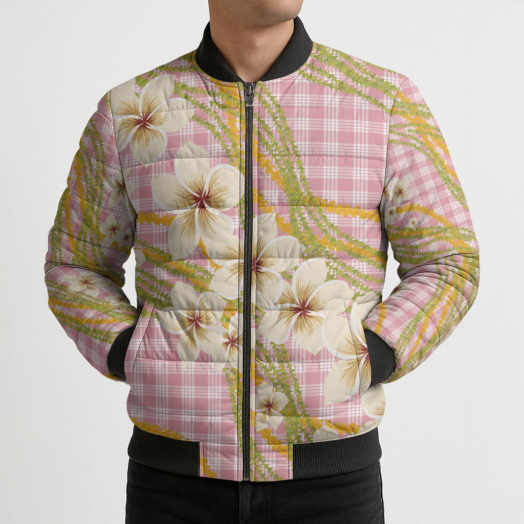 Akala Hamele Palaka Plumeria Bomber Puffer Jacket Puakenikeni and Maile Lei