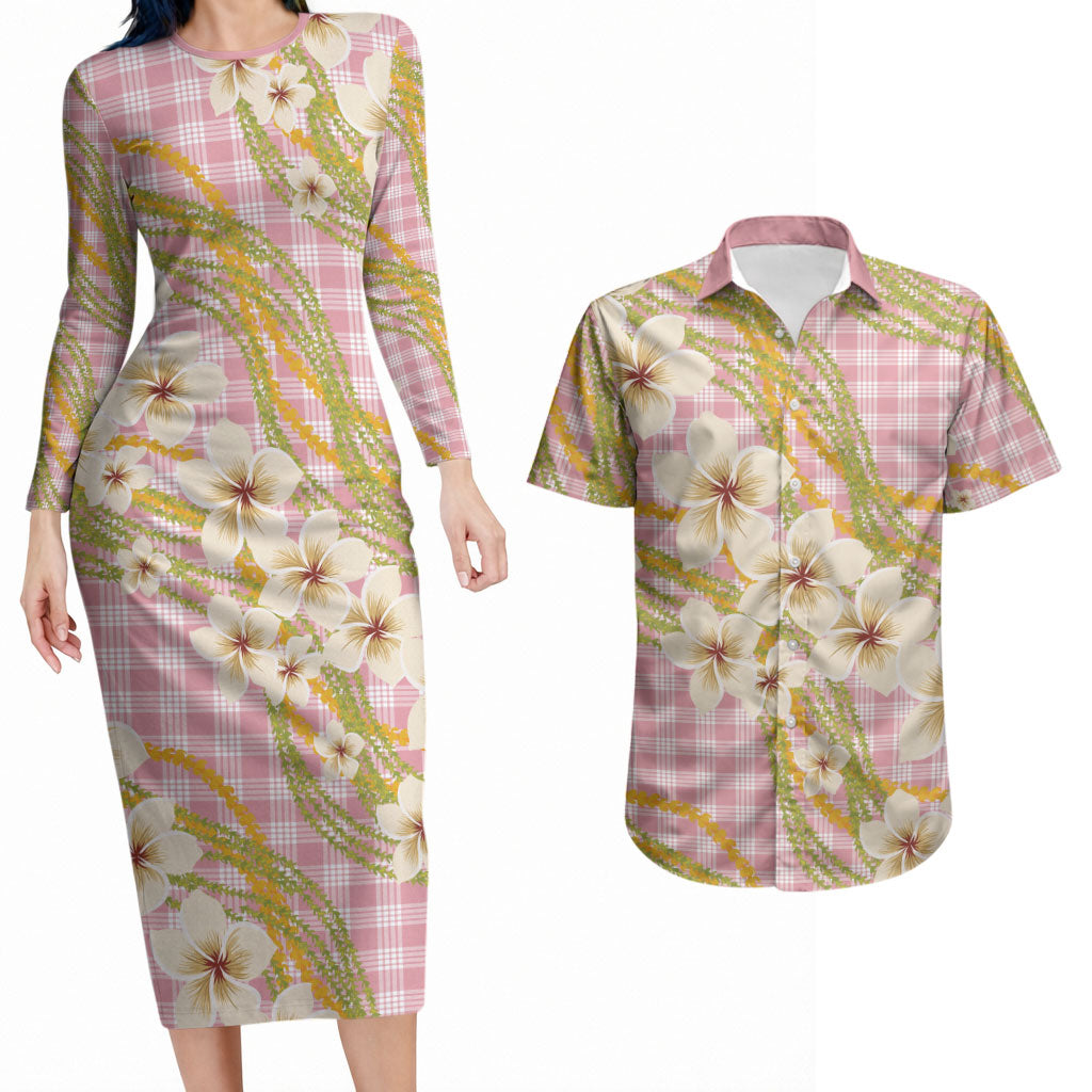 Akala Hamele Palaka Plumeria Couples Matching Long Sleeve Bodycon Dress and Hawaiian Shirt Puakenikeni and Maile Lei