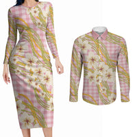 Akala Hamele Palaka Plumeria Couples Matching Long Sleeve Bodycon Dress and Long Sleeve Button Shirt Puakenikeni and Maile Lei