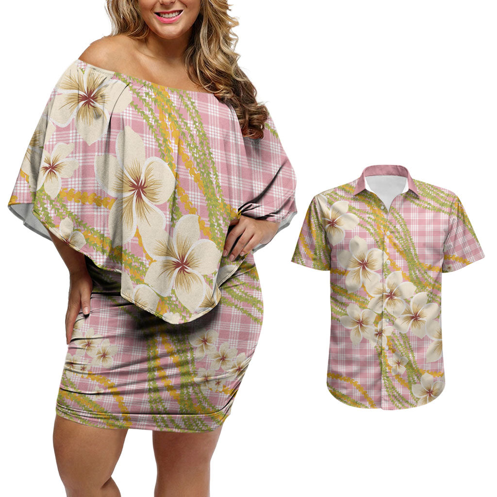 Akala Hamele Palaka Plumeria Couples Matching Off Shoulder Short Dress and Hawaiian Shirt Puakenikeni and Maile Lei