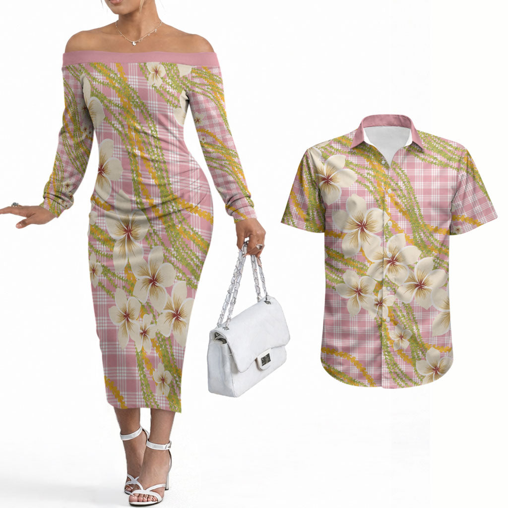 Akala Hamele Palaka Plumeria Couples Matching Off The Shoulder Long Sleeve Dress and Hawaiian Shirt Puakenikeni and Maile Lei